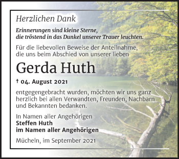 Traueranzeige von Gerda Huth von Trauerkombi Merseburg
