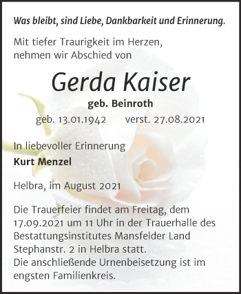 Traueranzeige von Gerda Kaiser von Trauerkombi Mansfelder Land