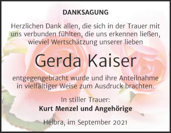 Traueranzeige von Gerda Kaiser von Trauerkombi Mansfelder Land