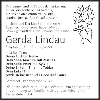 Traueranzeige von Gerda Lindau von Trauerkombi Mansfelder Land
