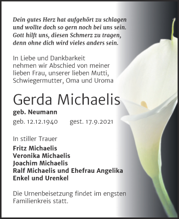 Traueranzeige von Gerda Michaelis von Trauerkombi Köthen