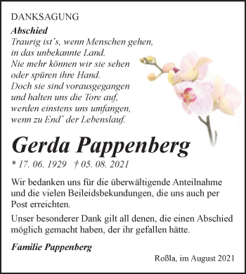 Traueranzeige von Gerda Pappenberg von Trauerkombi Sangerhausen