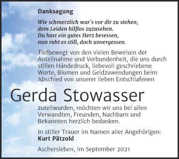 Traueranzeige von Gerda Stowasser von Trauerkombi Aschersleben