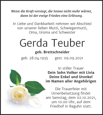 Traueranzeige von Gerda Teuber von Trauerkombi Bitterfeld