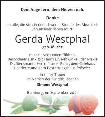 Traueranzeige von Gerda Westphal von Trauerkombi Bernburg