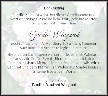 Traueranzeige von Gerda Wiegand von Trauerkombi Sangerhausen