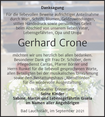 Traueranzeige von Gerhard Crone von Trauerkombi Merseburg
