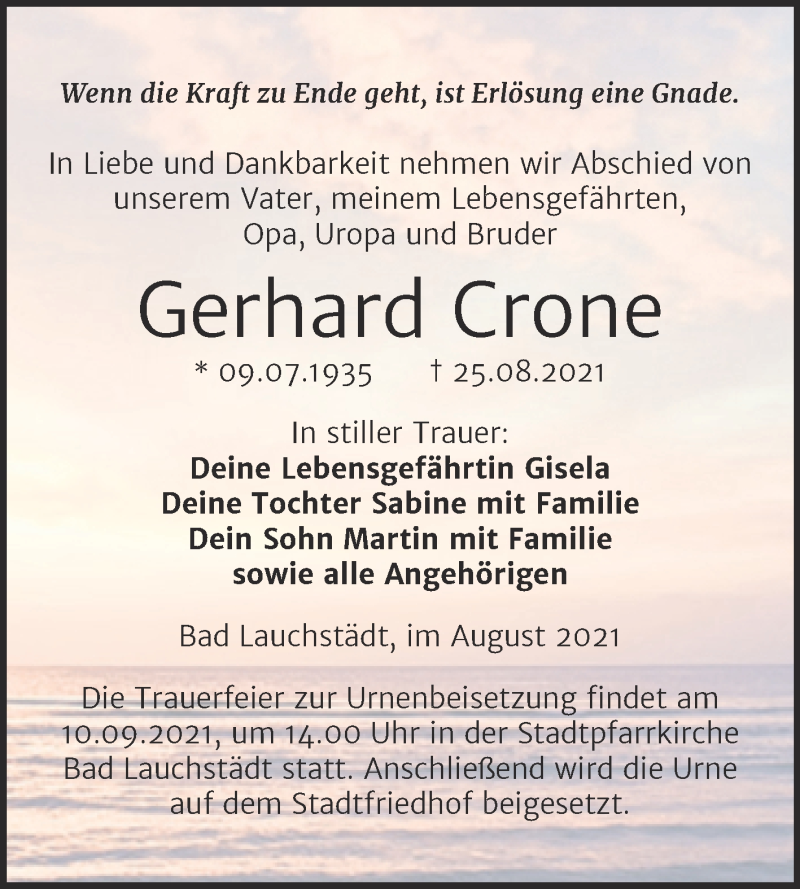  Traueranzeige für Gerhard Crone vom 04.09.2021 aus Trauerkombi Merseburg
