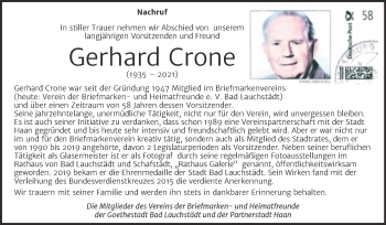 Traueranzeige von Gerhard Crone von Trauerkombi Mansfelder Land