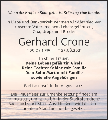 Traueranzeige von Gerhard Crone von Trauerkombi Merseburg