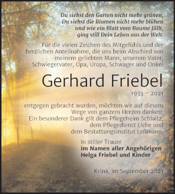 Traueranzeige von Gerhard Friebel von Trauerkombi Bitterfeld