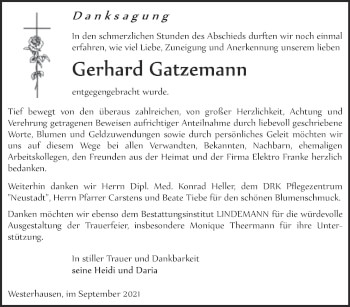 Traueranzeige von Gerhard Gatzemann von Trauerkombi Quedlinburg