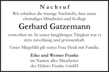 Traueranzeige von Gerhard Gatzemann von Mitteldeutsche Zeitung Quedlingburg