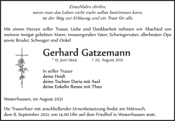 Traueranzeige von Gerhard Gatzemann von Trauerkombi Quedlinburg