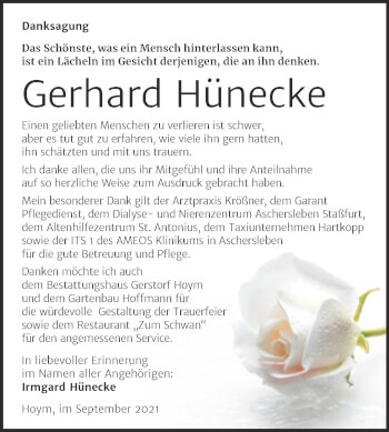 Traueranzeige von Gerhard Hünecke von Trauerkombi Aschersleben