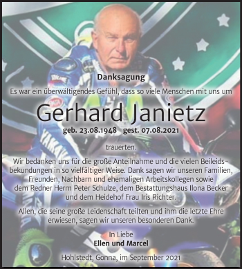Traueranzeige von Gerhard Janietz von Trauerkombi Sangerhausen