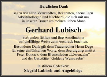 Traueranzeige von Gerhard Lubisch von Trauerkombi Wittenberg