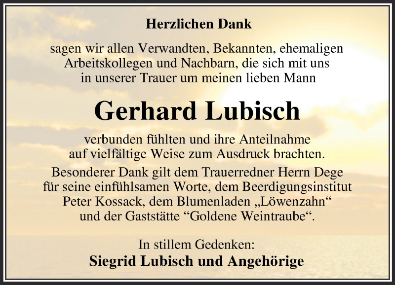  Traueranzeige für Gerhard Lubisch vom 25.09.2021 aus Trauerkombi Wittenberg