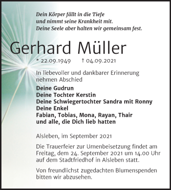 Traueranzeige von Gerhard Müller von Trauerkombi Bernburg