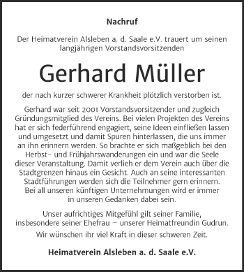 Traueranzeige von Gerhard Müller von Super Sonntag Bernburg
