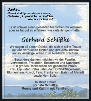 Traueranzeige von Gerhard Schlißke von Trauerkombi Sangerhausen