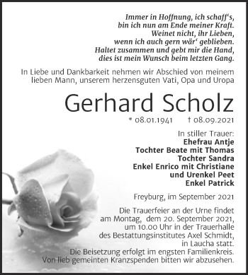 Traueranzeige von Gerhard Scholz von Wochenspiegel Naumburg/Nebra