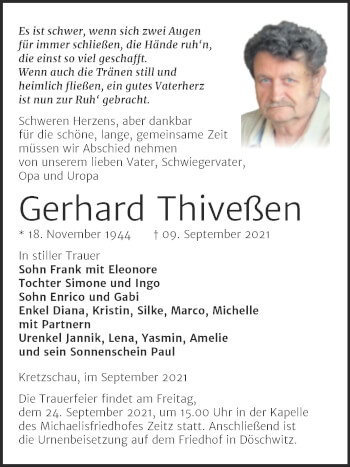 Traueranzeige von Gerhard Thiveßen von Trauerkombi Zeitz