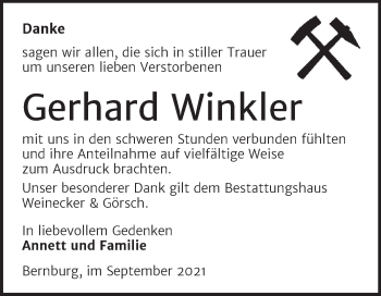 Traueranzeige von Gerhard Winkler von Trauerkombi Bernburg