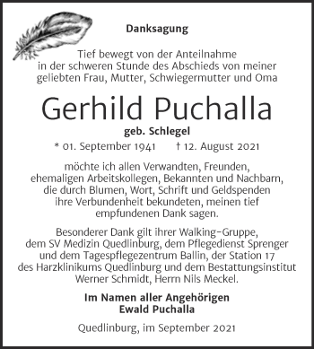 Traueranzeige von Gerhild Puchalla von Trauerkombi Quedlinburg
