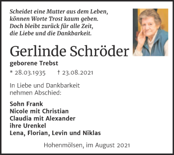 Traueranzeige von Gerlinde Schröder von Trauerkombi Weißenfels