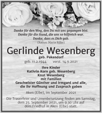 Traueranzeige von Gerlinde Wesenberg von Trauerkombi Köthen