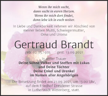 Traueranzeige von Gertraud Brandt von Trauerkombi Wittenberg