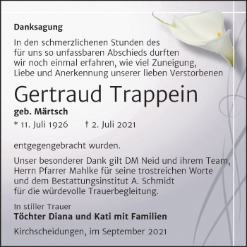 Traueranzeige von Gertraud Trappein von Wochenspiegel Naumburg/Nebra
