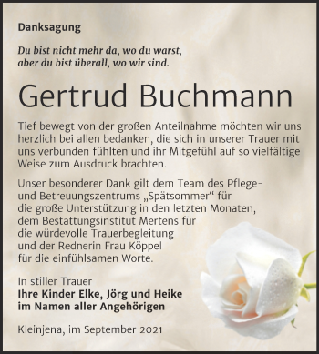 Traueranzeige von Gertrud Buchmann von Wochenspiegel Naumburg/Nebra