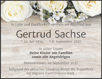 Traueranzeige von Gertrud Sachse von Trauerkombi Weißenfels
