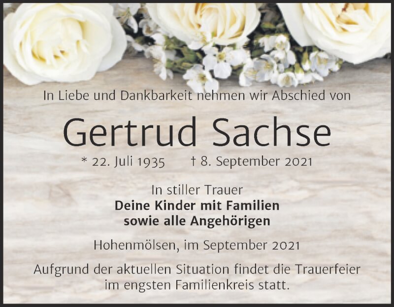  Traueranzeige für Gertrud Sachse vom 18.09.2021 aus Trauerkombi Weißenfels