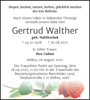 Traueranzeige von Gertrud Walther von Trauerkombi Mansfelder Land