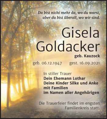 Traueranzeige von Gisela Goldacker von Trauerkombi Bitterfeld
