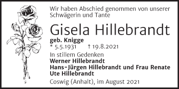 Traueranzeige von Gisela Hillebrandt von Trauerkombi Wittenberg
