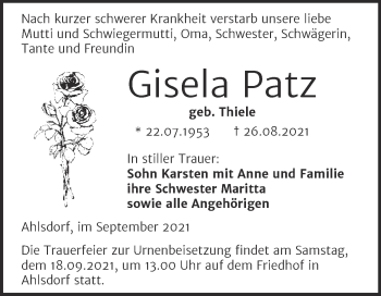 Traueranzeige von Gisela Patz von Trauerkombi Mansfelder Land