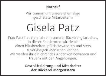 Traueranzeige von Gisela Patz von Super Sonntag Mansfelder Land