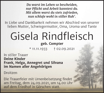 Traueranzeige von Gisela Rindfleisch von Wochenspiegel Naumburg/Nebra