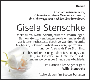 Traueranzeige von Gisela Stenschke von Trauerkombi Aschersleben