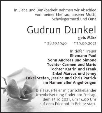 Traueranzeige von Gudrun Dunkel von Trauerkombi Bernburg