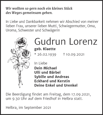 Traueranzeige von Gudrun Lorenz von Mitteldeutsche Zeitung Mansfelder Land