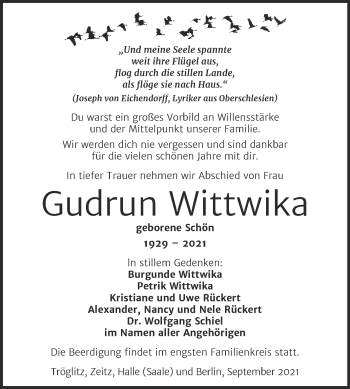 Traueranzeige von Gudrun Wittwika von Trauerkombi Zeitz