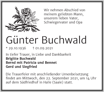 Traueranzeige von Günter Buchwald von Mitteldeutsche Zeitung Halle/Saalkreis