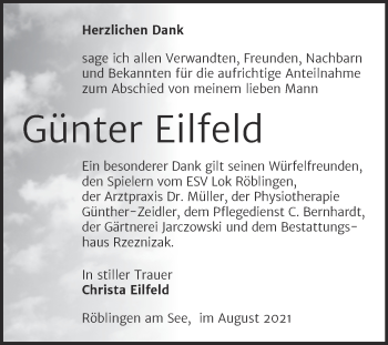 Traueranzeige von Günter Eilfeld von Trauerkombi Mansfelder Land