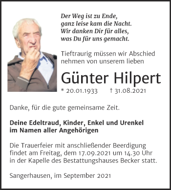 Traueranzeige von Günter Hilpert von Trauerkombi Sangerhausen