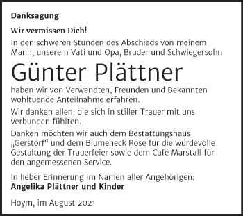Traueranzeige von Günter Plättner von Trauerkombi Aschersleben